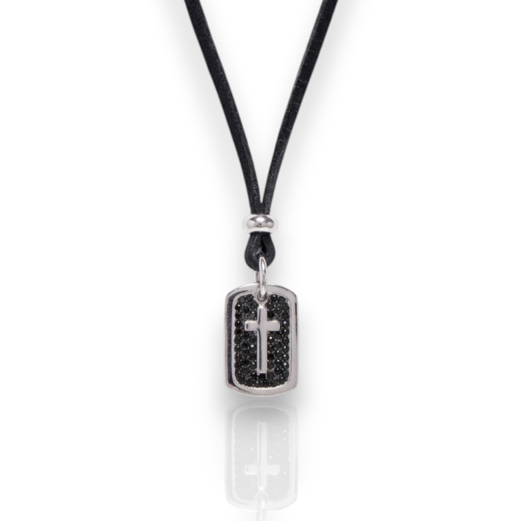  Collana Croce in argento 925° rodiato con cordon nero (AGI 317/C)